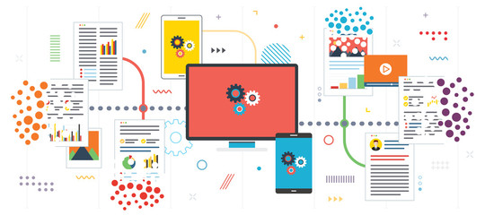 Deleting system data and computer network. Organize paperwork and files, eliminate trash.Template in flat design for web banner or infographic with icons in vector illustration.