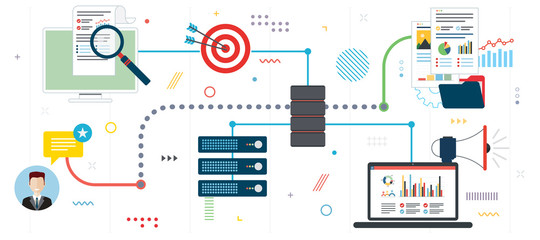 Business intelligence, network computers, cloud computing and data network. Laptop accessing server files in network. Flat design for web banner or infographic in vector illustration.