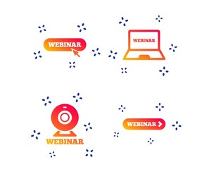 Wall Mural - Webinar icons. Web camera and notebook pc signs. Website e-learning or online study symbols. Random dynamic shapes. Gradient webinar icon. Vector