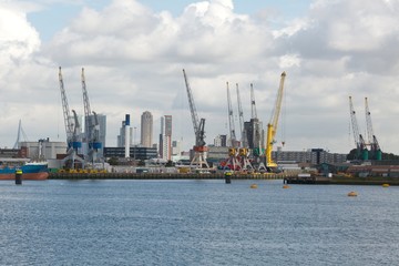 Industrial ships in dock with rotterdam city view