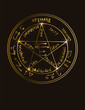 Illustration of a golden occult symbol with magical inscriptions and signs on a black background. Vector banner in retro style. The magic pentacle sign with inscriptions listing the gods