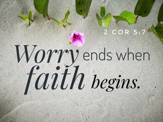 worry ends when faith begins with bible verse design for christianity with sandy beach background.