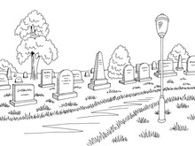 Cemetery Graphic Black White Landscape Sketch Illustration Vector