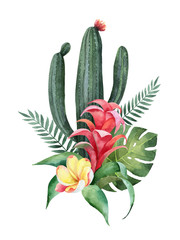 Wall Mural - Watercolor vector composition tropical flowers and cacti.