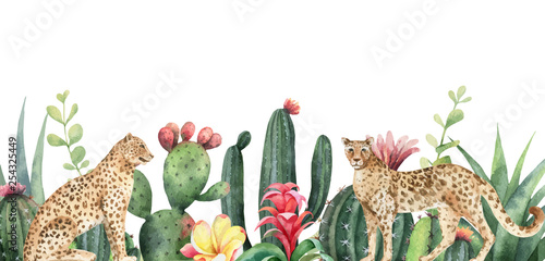Foto-Schiebegardine mit Schienensystem - Watercolor vector banner tropical flowers, leopards and cacti isolated on white background. (von ElenaMedvedeva)