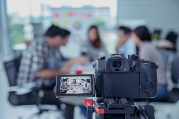 Technology Meeting Tele Conference by video equipment modern camera make digital media. People business digital television production focus on camera with conference meeting shot.