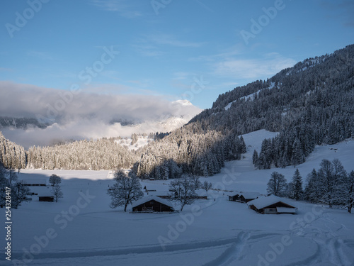 Wooden Cabins Winter Wonderland Alpine Settlement In Snowy