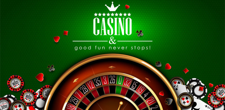 casino advertising with roulette and elements of casino games on a green background. 3d vector. high