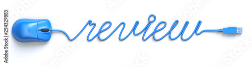 Cuadros en Lienzo Blue mouse and cable in the shape of review word - 3D illustration
