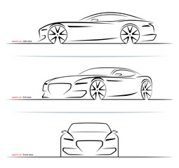 Wall Mural - Set of sports car silhouettes isolated on white background. Side, three-quarter and front view. Vector illustration