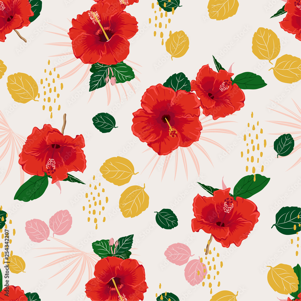 Colorful seamless vector red hibiscus exotic floral pattern, spring summer  background with tropical flowers, palm leaves, Hawaiian style design for  fashion fabric,wallpaper,web and all prints Stock Vector | Adobe Stock, image size:1000x1000