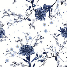 Monotone Blue Seamless Pattern Vector Oriental Summer Garden Flower With Blooming Botanical And Cherry Bloosom Florals  Design For Fashion ,fabric,wallpaper, And All Prints