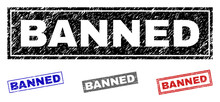 Grunge BANNED Rectangle Stamp Seals Isolated On A White Background. Rectangular Seals With Distress Texture In Red, Blue, Black And Gray Colors.