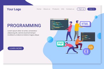 Landing page template programming web development concept. Programmers code the website.