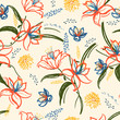 © MSNTY_STUDIOX - Colorful retro summer lily and blooming flowers seamless pattern in vector hand brushed watercolor ,Hand painting design for fashion,fabric,wallpaper,web and all prints