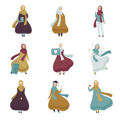 Sticker - Muslim Women in Different Situations Set, Arab Women in Traditional Clothing Vector Illustration