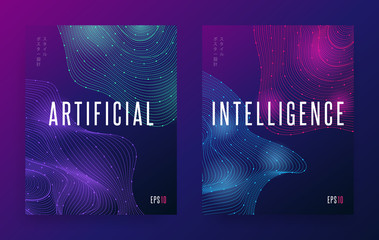 Modern abstract dots lines shape. Gradient wave forms background concept Artificial Intelligence. Small japanese text (translation: «poster design style»). Futuristic flyer EPS 10 vector illustration