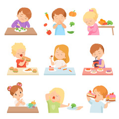 Poster - Children Do Not Like Vegetables Set, Kids Enjoying Eating of Fast Food and Sweets Vector Illustration