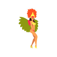 Poster - Girl Wearing Bright Colorful Festival Costume Dancing, Brazilian Carnival Female Samba Dancer, Rio de Janeiro Festival Vector Illustration