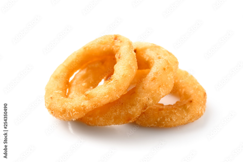 Tasty onion rings on white background