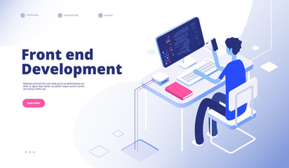 Poster - Front end development. Developer programmer person develop computer phone website interface dashboard futuristic landing vector page. Illustration of programmer on computer, developer workplace