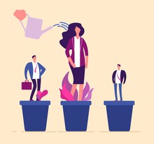Employees Growth. Business Professional People In Flowerpot Development Training Growing Management Career Human Resources Vector. Illustration Of Employee Career, Growing And Watering Development