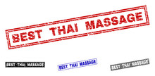 Grunge BEST THAI MASSAGE Rectangle Stamp Seals Isolated On A White Background. Rectangular Seals With Distress Texture In Red, Blue, Black And Gray Colors.