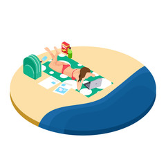 Sticker - Freelance work on the beach isometric concept - girl with laptop, drinks and documents works in travel. Woman freelancer on beach with laptop illustration