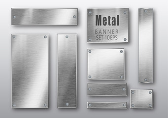 Wall Mural - Metal banners set realistic. Vector Metal brushed plates with a place for inscriptions isolated on transparent background. Realistic 3D design. Stainless steel background.