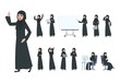 © MicroOne - Arab businesswoman. Saudi muslim business woman character. Islam arabian female in business activity, cartoon office lady vector set. Illustration of businesswoman saudi, arabic female