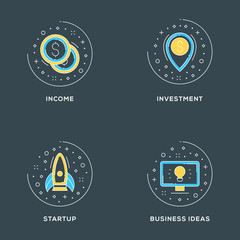 Wall Mural - Income, investment, startup, business ideas. Set of 4 flat line icons on dark background. Flat line illustration concept for web banner and printed materials. Vector illustration