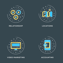 Wall Mural - Relationship, locations, video marketing, accounting. Set of 4 flat line icons on dark background. Flat line illustration concept for web banner and printed materials. Vector illustration