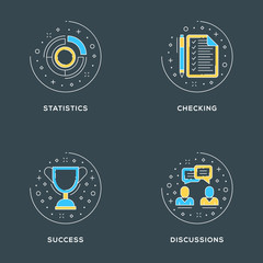 Wall Mural - Statistics, checking, success, discussions. Set of 4 flat line icons on dark background. Flat line illustration concept for web banner and printed materials. Vector illustration
