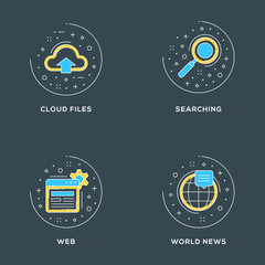 Wall Mural - Cloud files, searching, web, world news. Set of 4 flat line icons on dark background. Flat line illustration concept for web banner and printed materials. Vector illustration