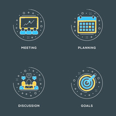 Wall Mural - Meeting, planning, discussion, goals. Set of 4 flat line icons on dark background. Flat line illustration concept for web banner and printed materials. Vector illustration