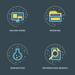 Wall Mural - Online work, working, inspiration, information search. Set of 4 flat line icons on dark background. Flat line illustration concept for web banner and printed materials. Vector illustration