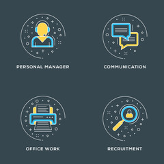 Wall Mural - Personal management, communication, office work, recruitment. Set of 4 flat line icons on dark background. Flat line illustration concept for web banner and printed materials. Vector illustration
