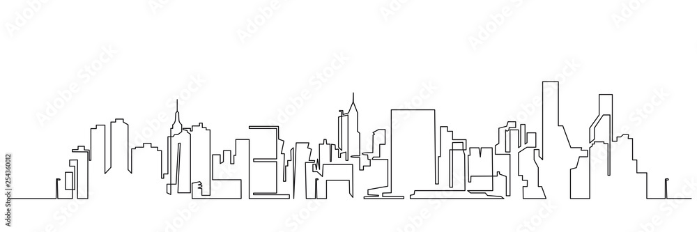 Modern cityscape continuous one line vector drawing - obrazy, fototapety, plakaty 