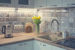 White kitchen with patchwork tile.
