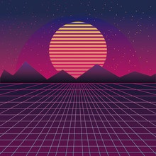 Synthwave Wireframe Net And Sun 80s Retro Futurism Background 3d Illustration Render