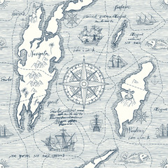  Vector abstract seamless background on the theme of travel, adventure and discovery. Old hand drawn map with vintage sailing yachts, wind rose, routs, nautical symbols and handwritten inscriptions