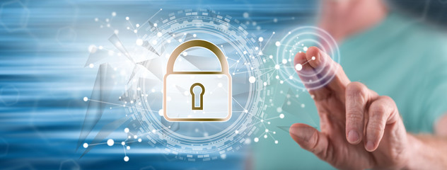 man touching a digital security concept