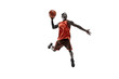 © master1305 - Full length portrait of a basketball player with a ball isolated on white studio background. advertising concept. Fit african american athlete jumping with ball. Motion, activity, movement concepts.