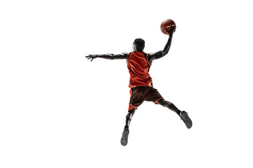 full length portrait of a basketball player with a ball isolated on white studio background. adverti