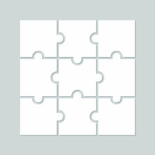 Nine Blank Puzzle Pieces. Puzzle For Web, Information Or Presentation Design, Infographics. White Puzzle On Gray Background. Vector Illustration