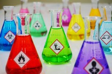Many Of Erlenmeyer Flask With Colorful Solution And Variety Type Of Chemical Hazard Warning Symbols Labels. Focus On Hazardous To The Environment Sign,symbol.