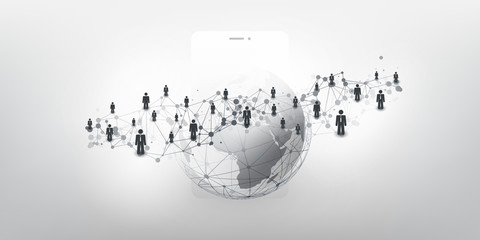 Wall Mural - Global Networks, Business Connections, Social Media Concept Design with Group of Connected People, Earth Globe and Smartphone 