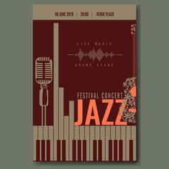 Jazz festival concert poster template design with vintage retro mike silhouette and piano keyboard and flower guitar. Vector illustration.