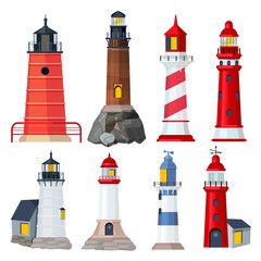 Canvas Print - Lighthouses collection. Night sailing building in seaport security searchlights vector illustrations. Seaport lighthouse, beam for guide, tower beacon