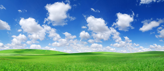 Wall Mural - idyllic view, green hills and blue sky with white clouds